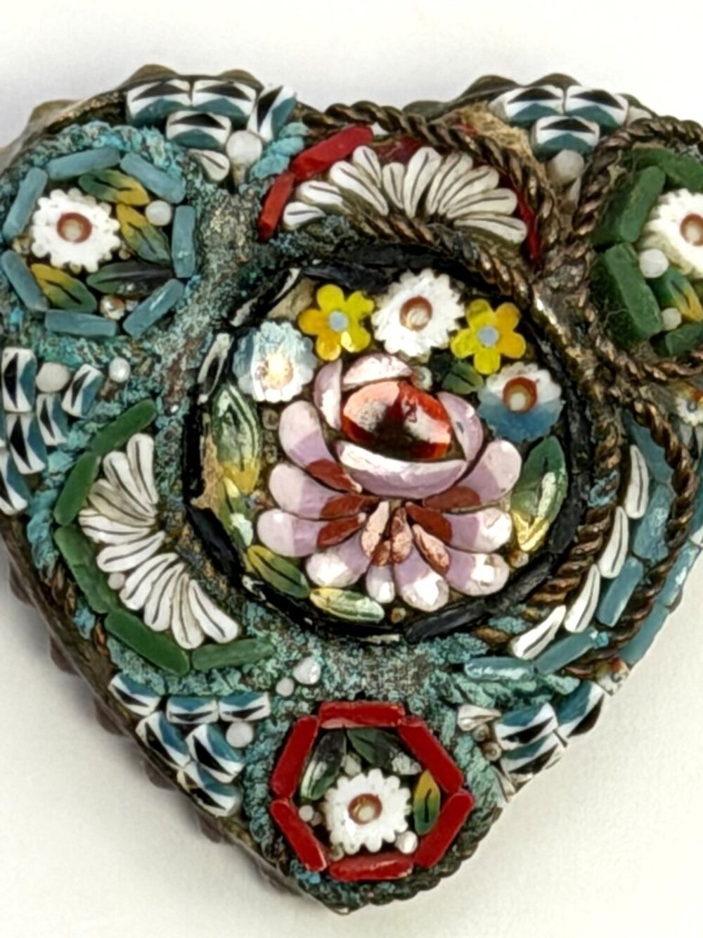 Vintage Italian Micro Mosaic Heart Brooch Floral Glass Tesserae Made Italy